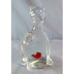 Glass Kitty Cat Figurine Goldfish Belly Paperweight Decor Vintage Fish Art